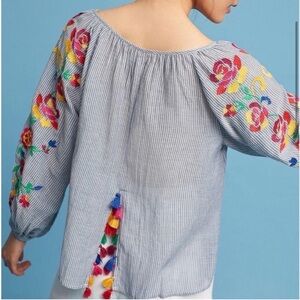 Anthropologie Floreat Embroidered Soleil Top Floral Pom Tassel Fringe Balloon XS